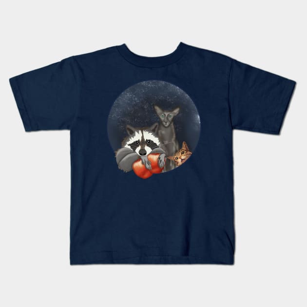 Raccoon and cats Kids T-Shirt by KateQR